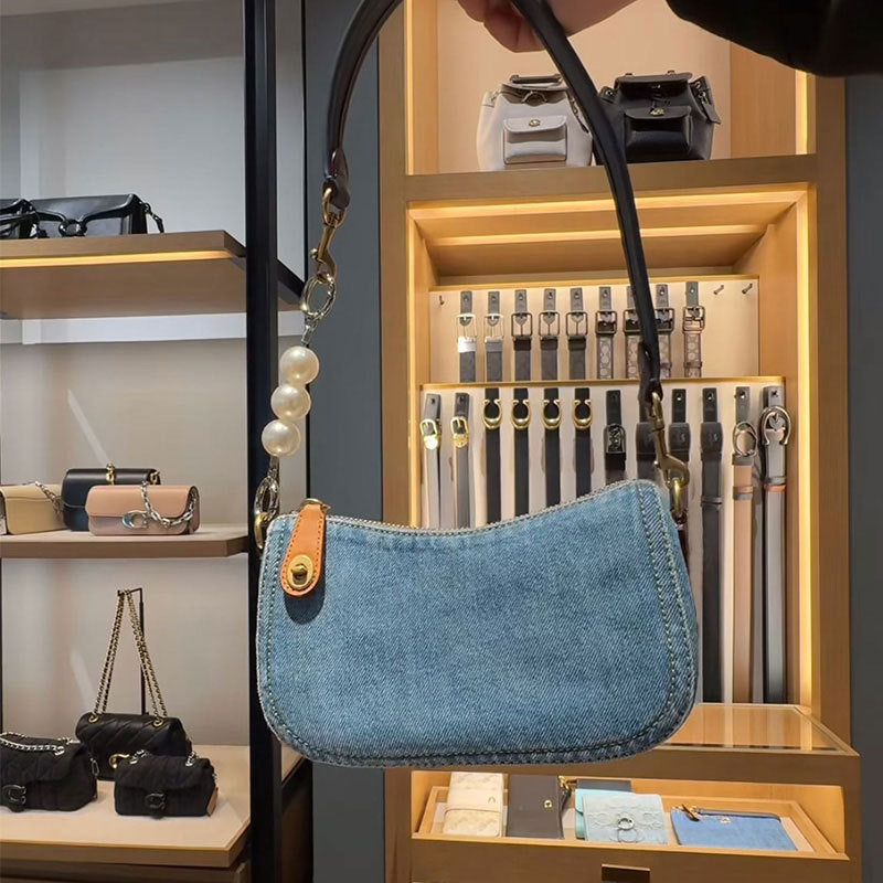 Denim Blue Baguette High Sense Mahjong Underarm Bag