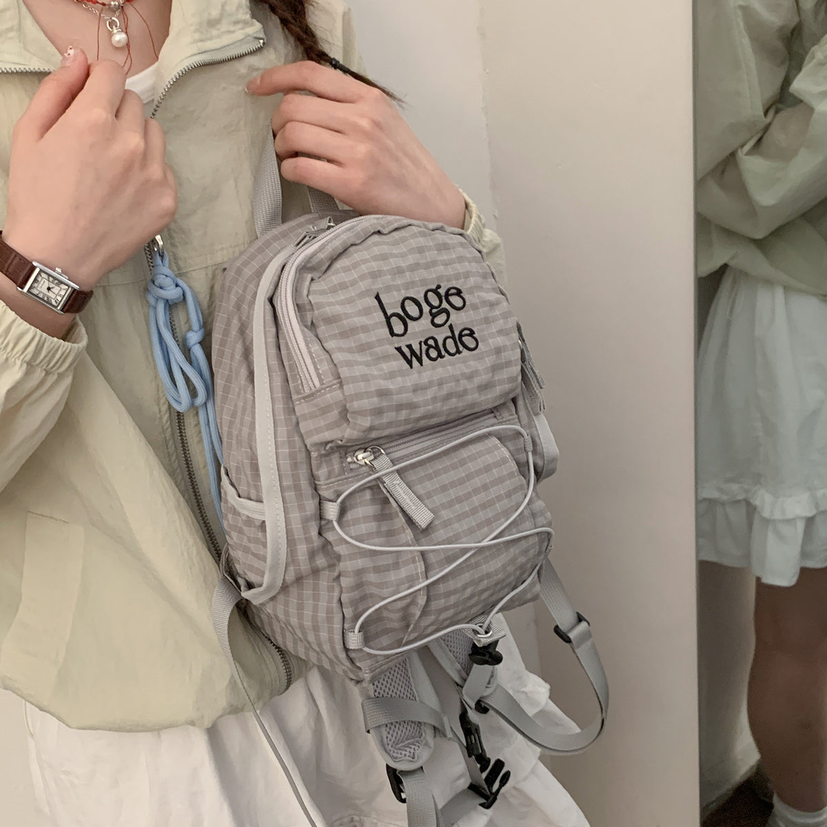 Korean Style Stylish Lightweight Leisure Simple Plaid Women's Backpack