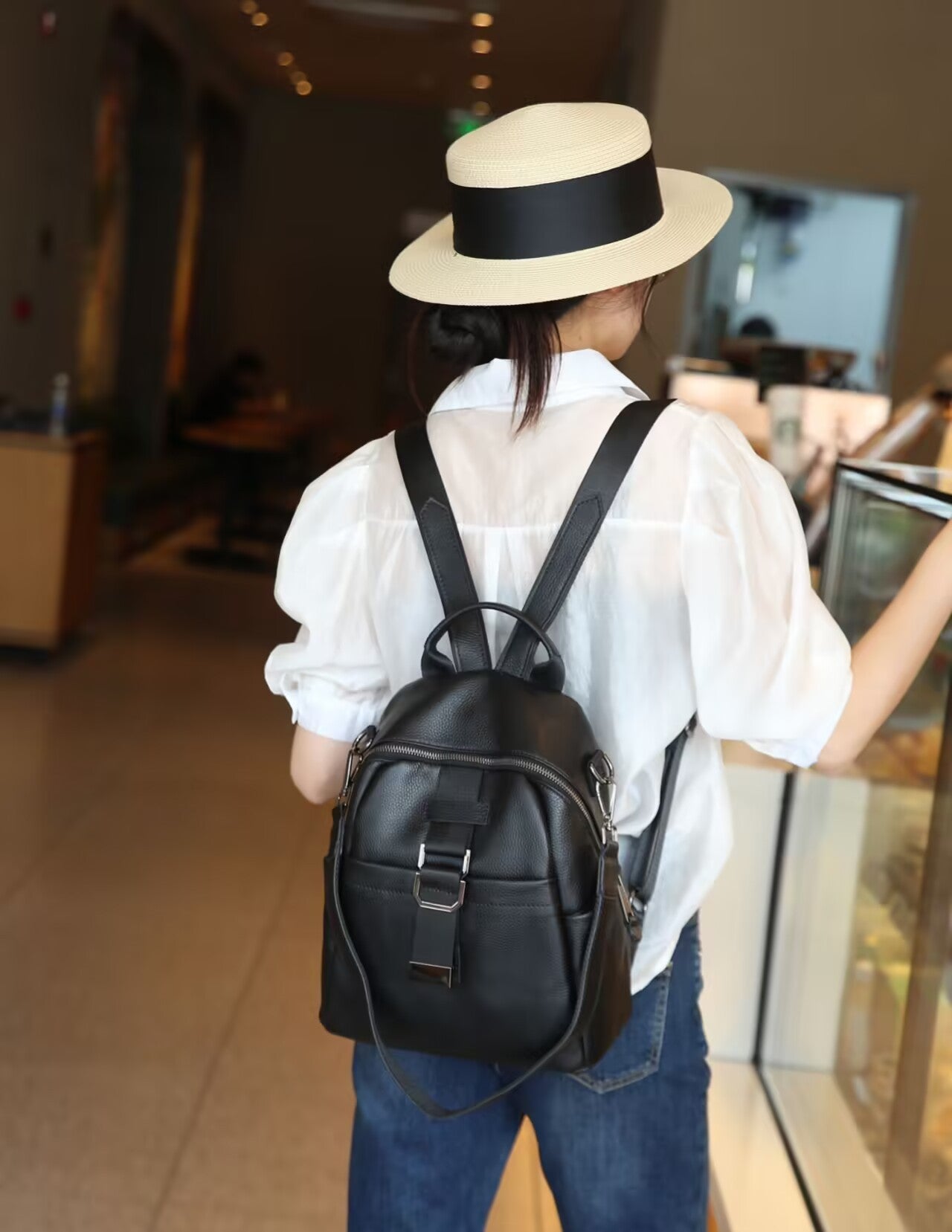 Women's First Layer Leather Lychee Pattern Elephant Gray Large Women's Backpack