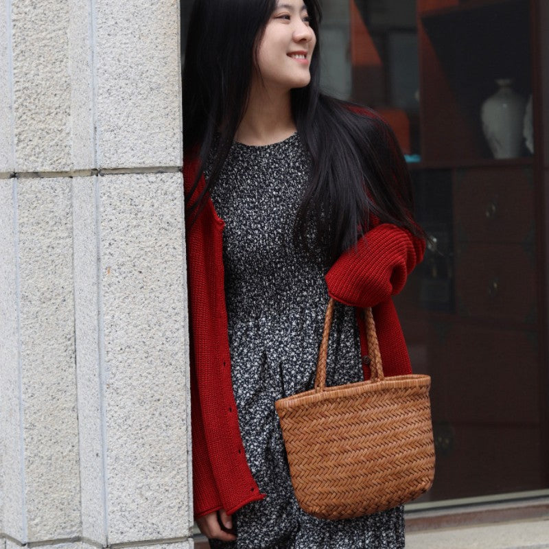 French Woven First Layer Cowhide Handmade Vegetable Basket Bags