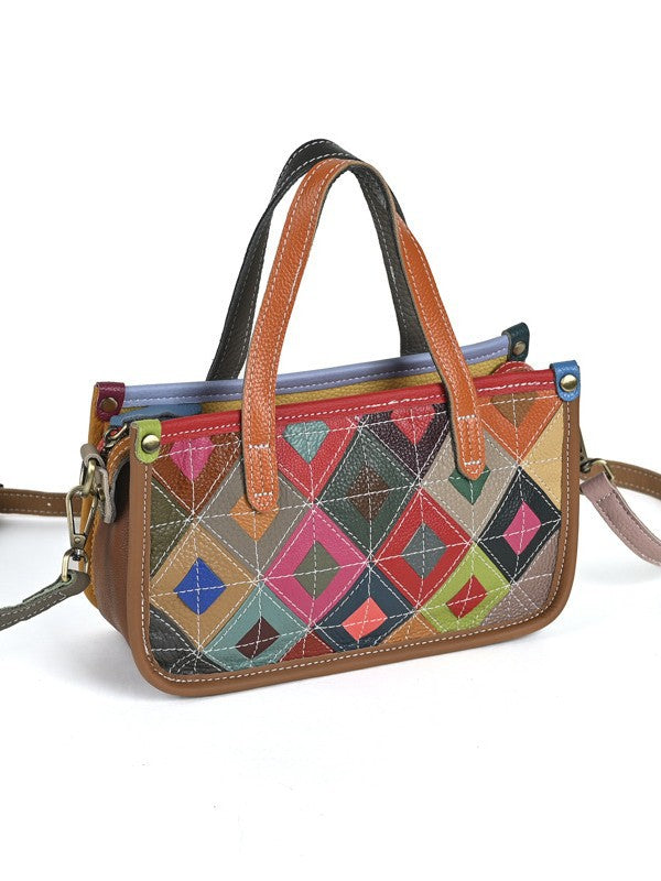 Women's Genuine Leather Design Stitching Contrast Color Ladies Bags