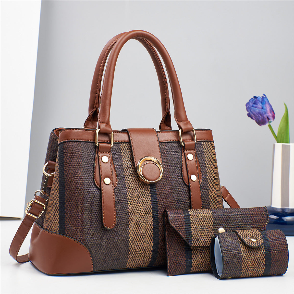 Large Capacity Stitching Canvas Three-piece Color Matching Bags