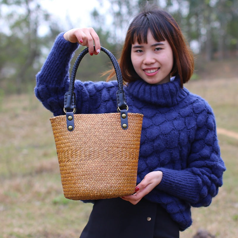 Women's Straw Rattan Woven Art National Style Portable Bucket Bags