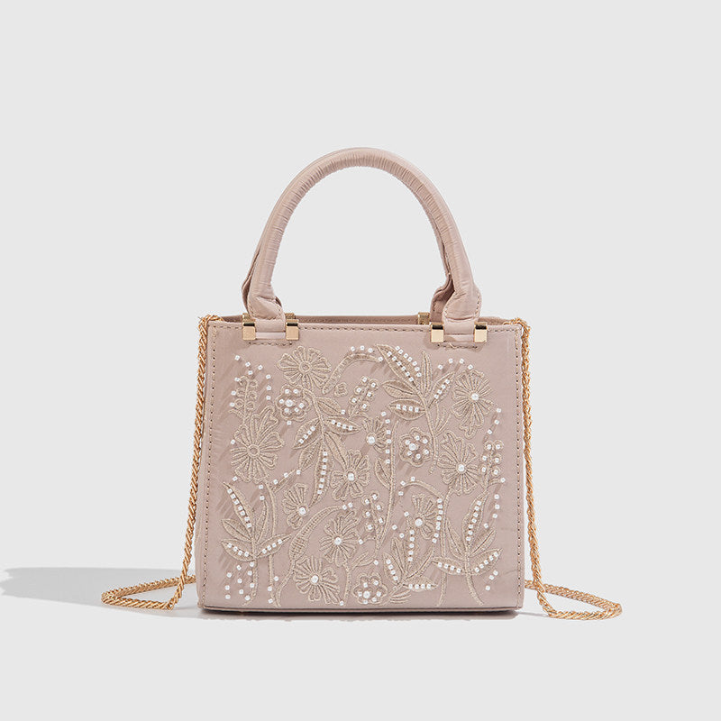 Women's Decorated Pearls Chain Silk Satin Texture Hard Women's Handbag