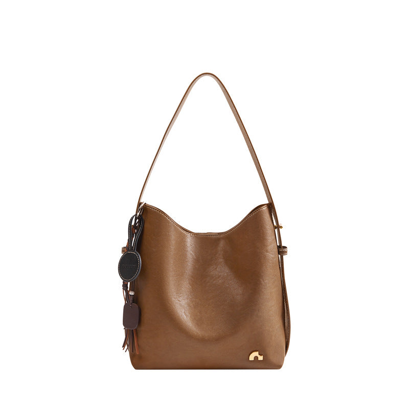 Women's Brown Large Capacity Vegetable Tanned Commuter Bucket Bag