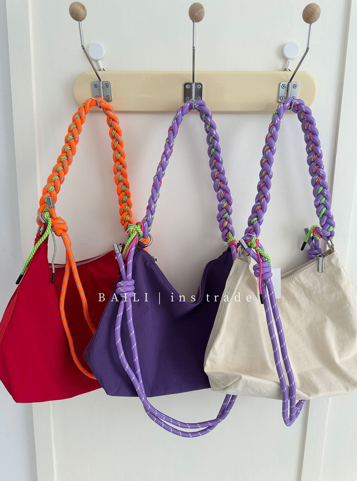 Korean Nylon Large Capacity Contrast Color Braided Rope Leisure Women's Shoulder Bag