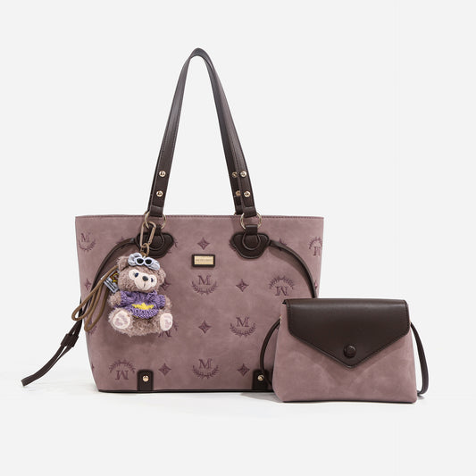 Beige Purple Vintage Embroidery Son Mother Tote Bag