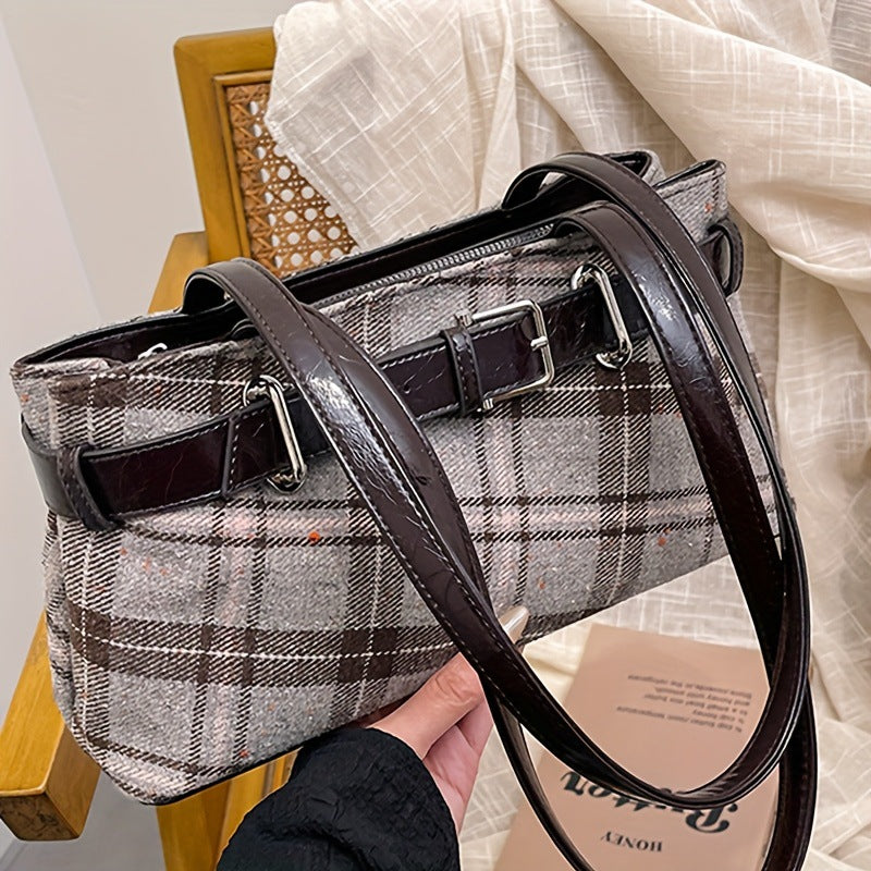 Women's Textured Plaid Vintage Chain Commuter Bags