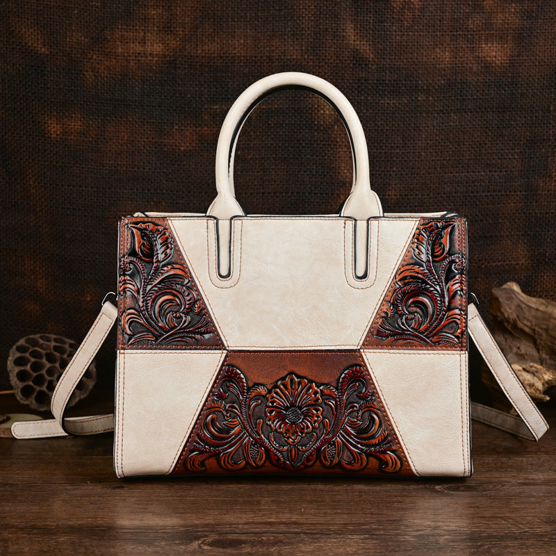 Women's Retro Patchwork Chinese Style Artistic Handmade Leather Carving Texture Women's Handbag