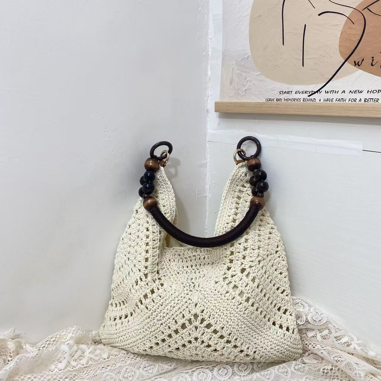 Hollow Wooden Bead Portable Commuter Large Tote Bags