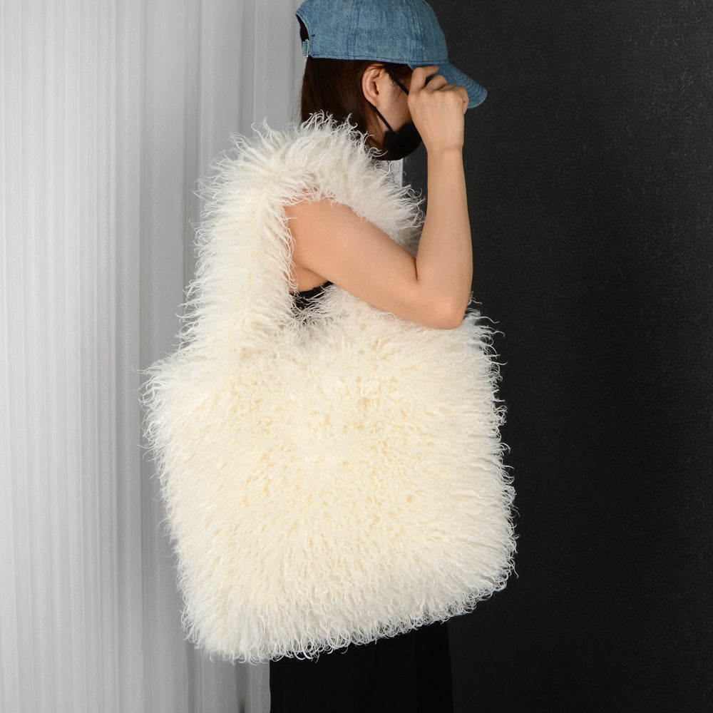 Women's Imitation Fur Tan Sheep Plush Portable Large Capacity Totes Bags