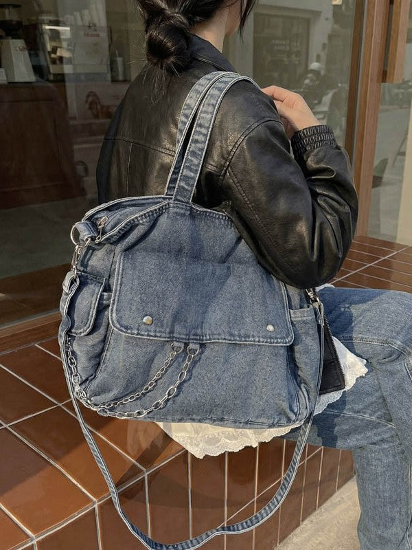 Women's Korean Washed-out Denim Versatile Large Capacity Tote Bag