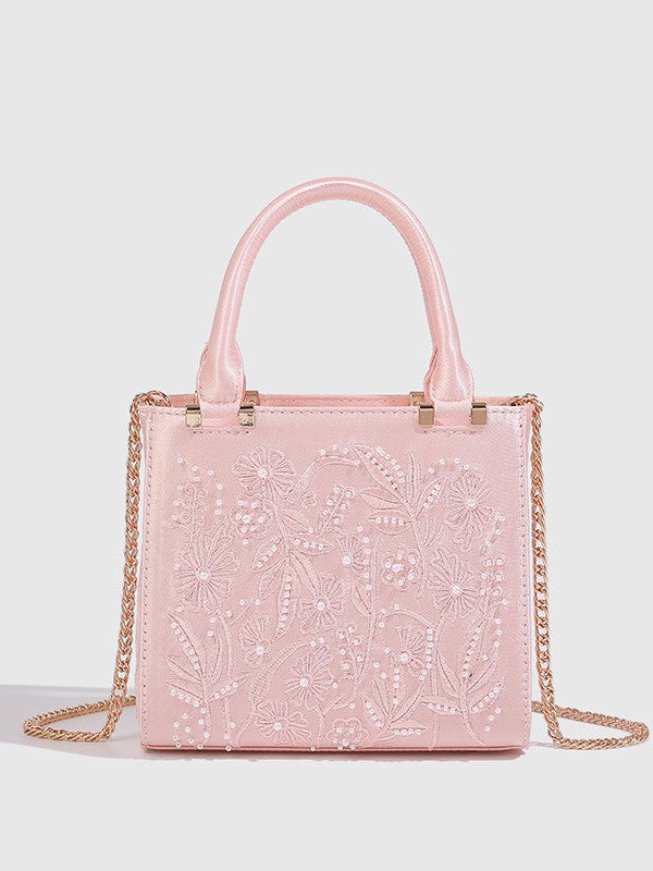 Women's Decorated Pearls Chain Silk Satin Texture Hard Women's Handbag