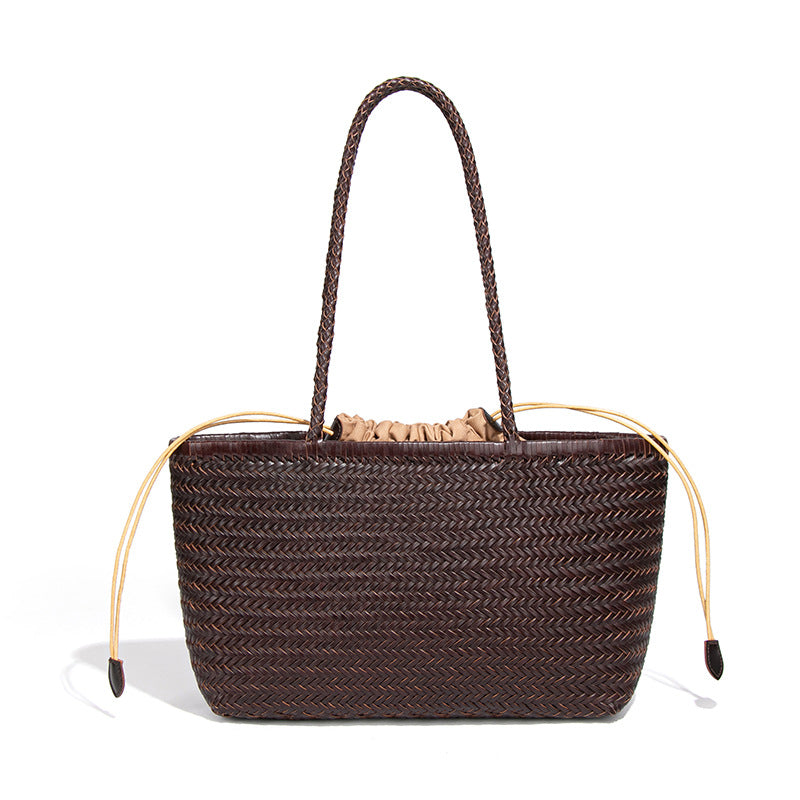 Women's Classic Vegetable Basket Genuine Leather Versatile Hand-woven Large Handbags