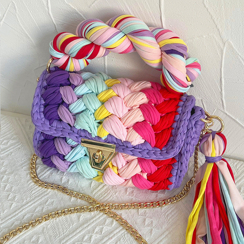 Contrast Color Handmade Finished Strip Thread Wool Bearded Bags
