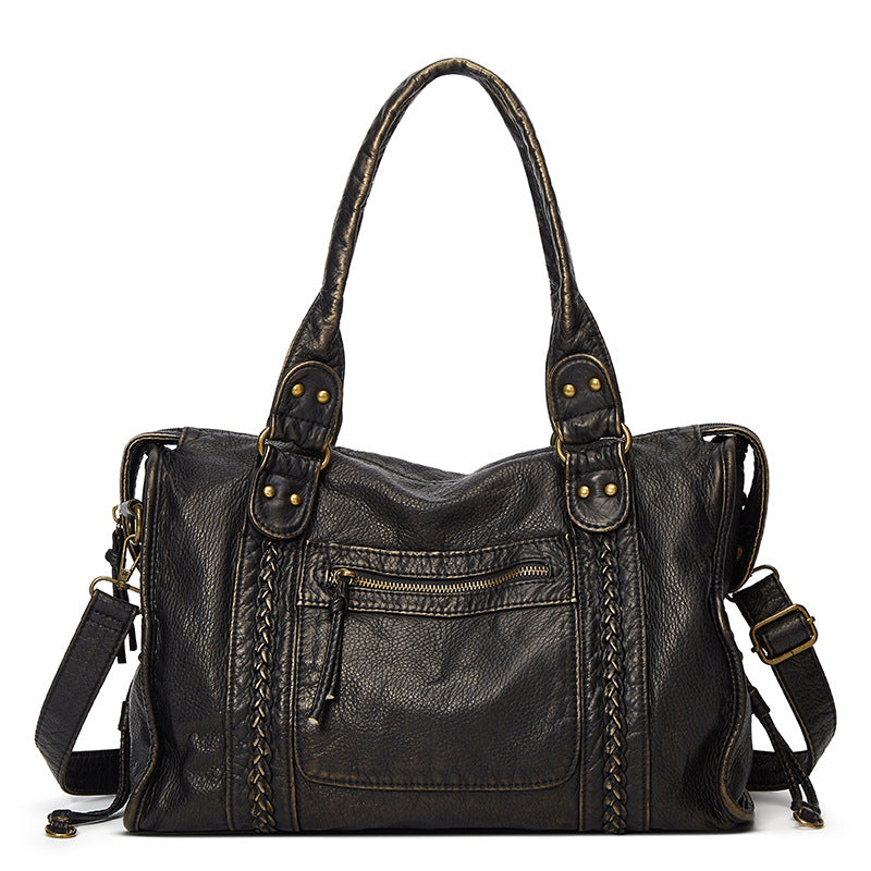 Women's French Retro Motorcycle Large Capacity Washed Women's Shoulder Bag