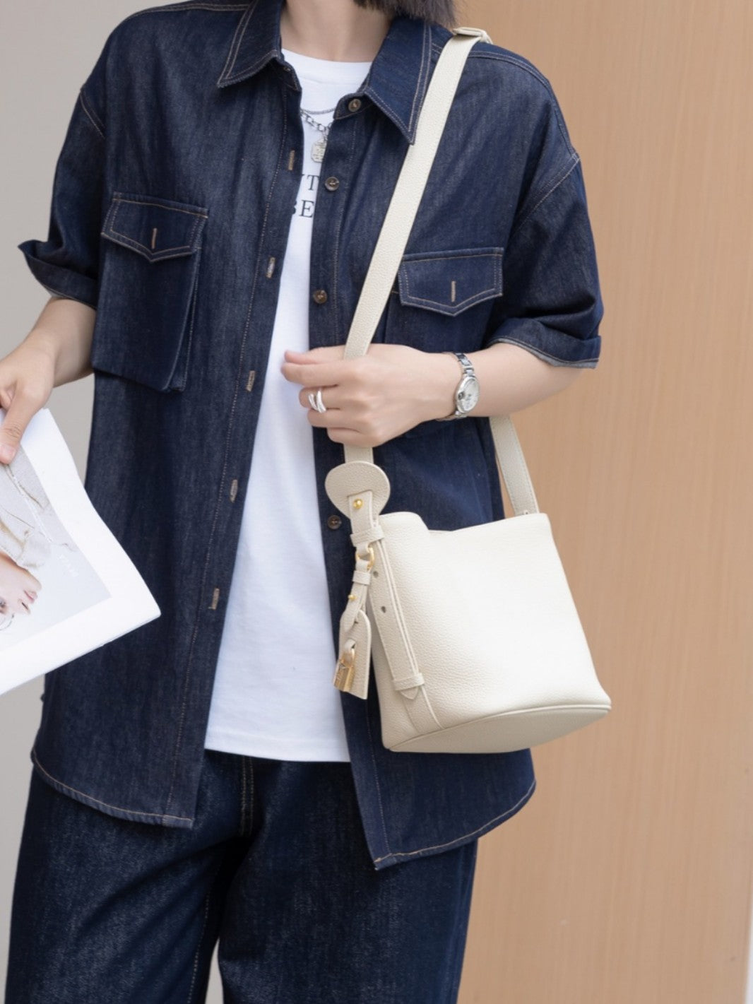 Women's Top Layer Leather Fashion Retro Bucket Bag