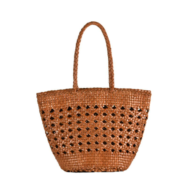 French Woven Vegetable Basket Cowhide Hollow Women's Handbag