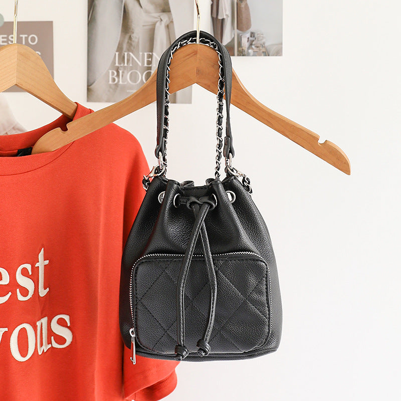 Korean Style Chain Design Drawstring Diamond Bucket Bag