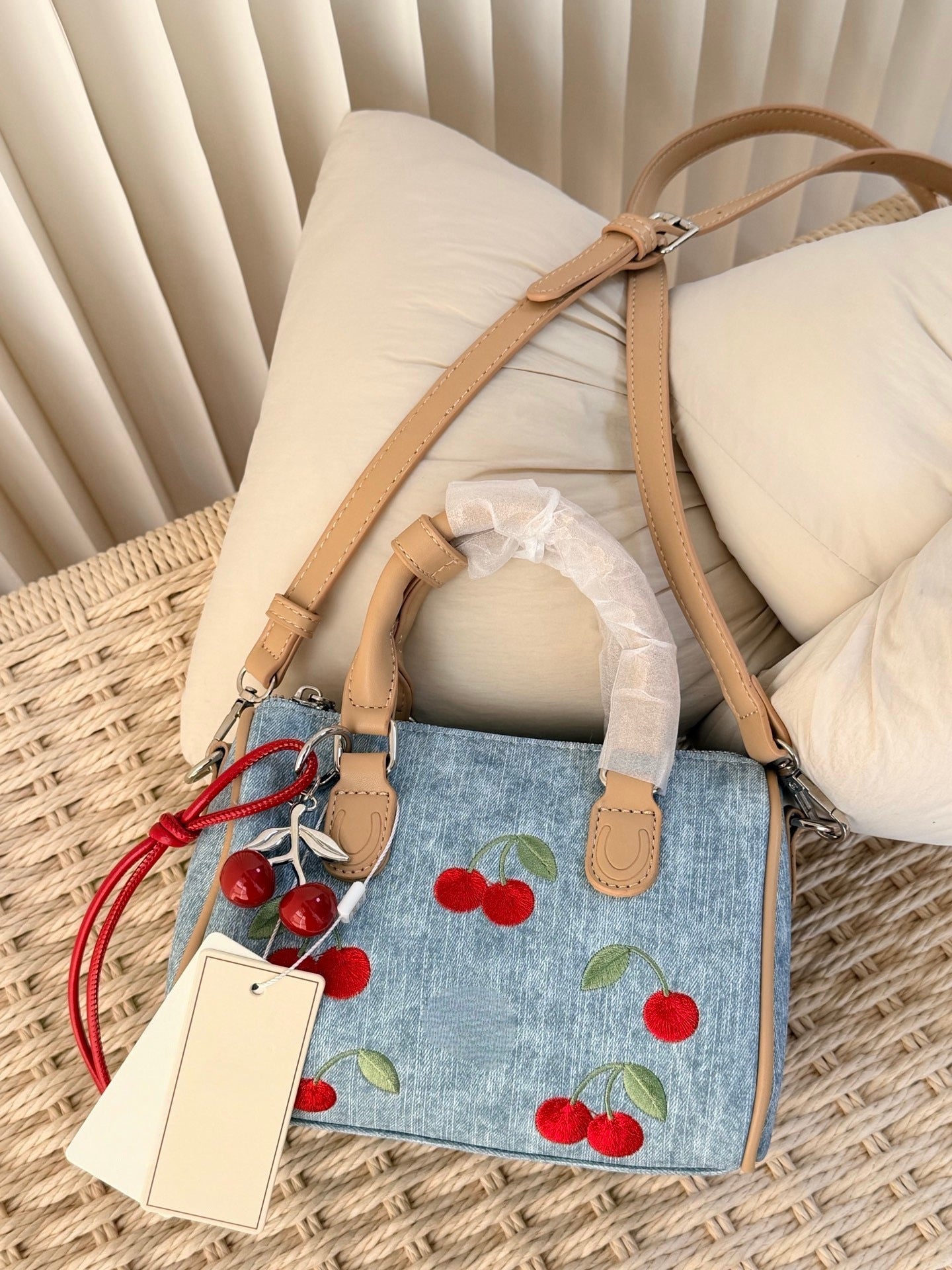 Western Style Cherry Embroidered Pillow Boston Shoulder Bags