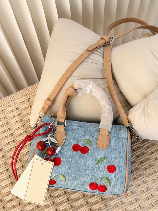 Western Style Cherry Embroidered Pillow Boston Shoulder Bags