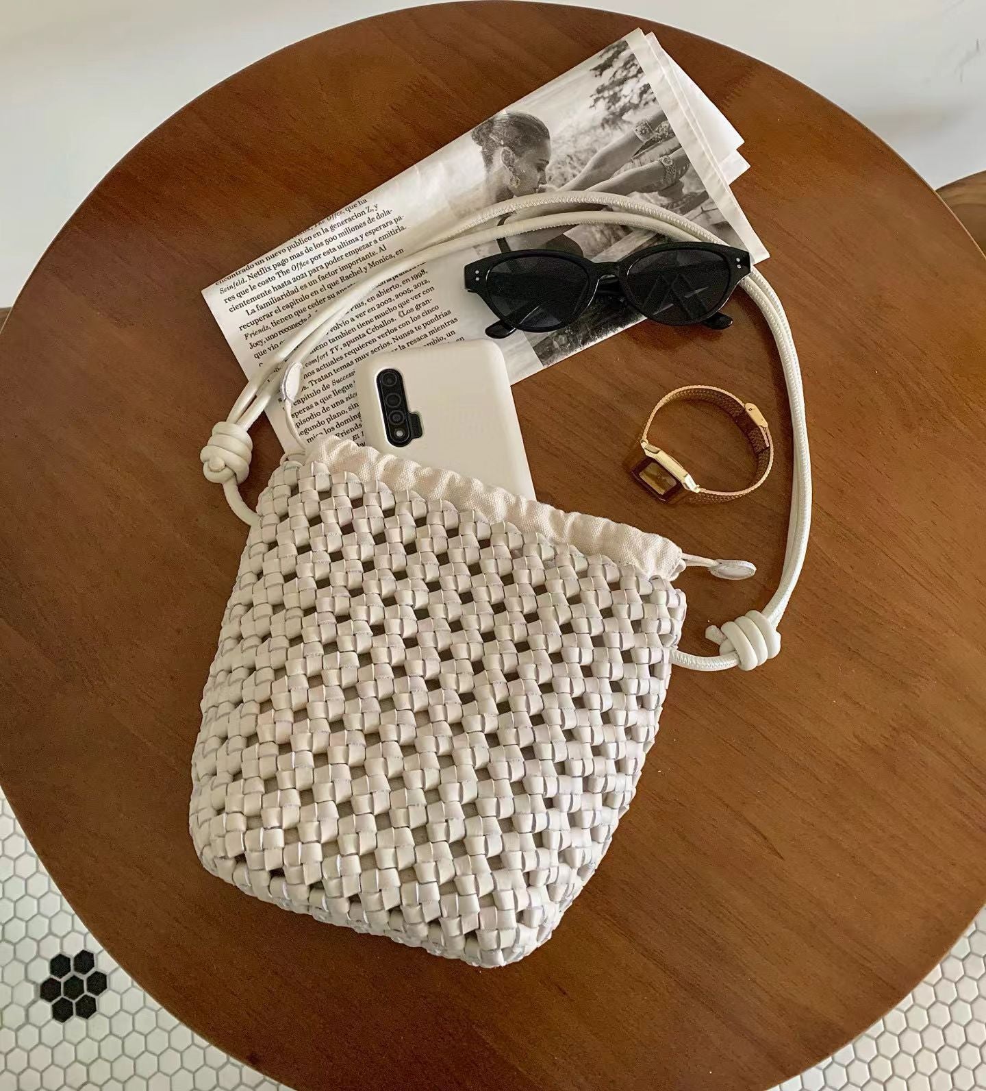 Windmill Knot First Layer Cowhide Handmade Woven Single Hollow Bucket Bags