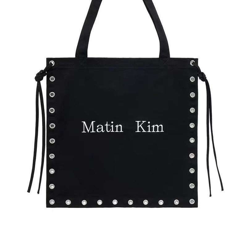 Niche Trendy Punk Drawstring Rivet Hole Personality Canvas Shoulder Bags