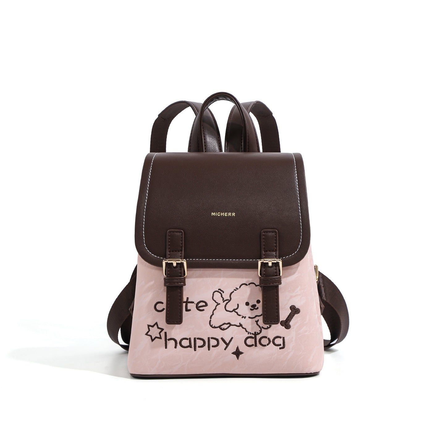 Beige Pink Quicksand Pattern Dog Embroidered Women's Backpack