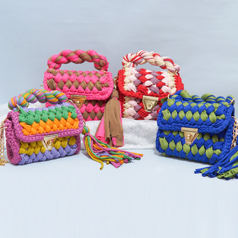Contrast Color Handmade Finished Strip Thread Wool Bearded Bags