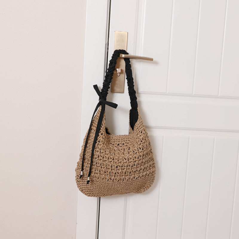 Hollow Flower Large Capacity Straw Solid Color Tassel Woven Bags