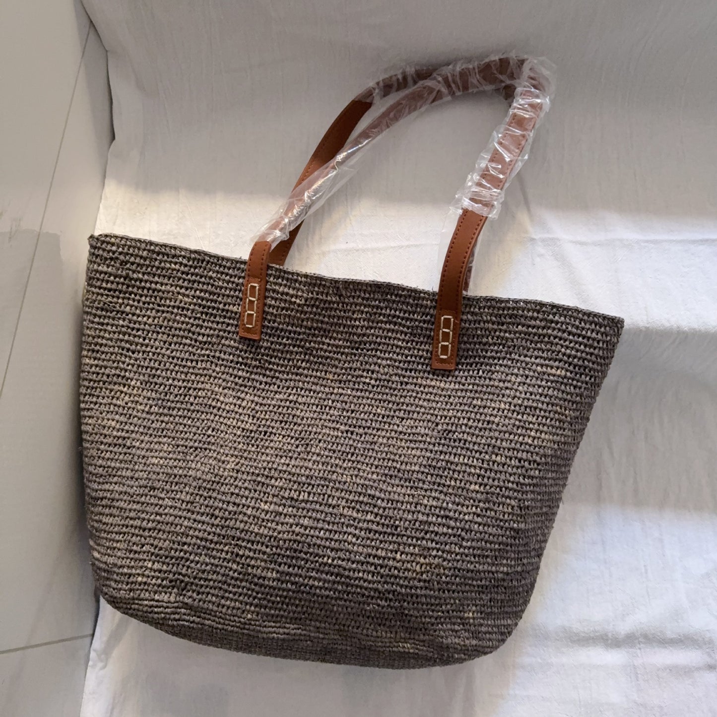 Raffia Joint Leather Strap Handmade Needle Hook Women's Shoulder Bag