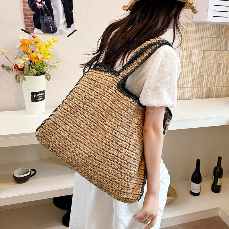Women's Seaside Vacation Style Straw Woven Large Tote Bag