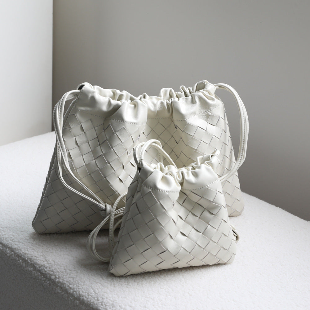 Women's Sheepskin Woven Dumpling Garbage Genuine Leather Drawstring Underarm Hand Holding Women's Shoulder Bag