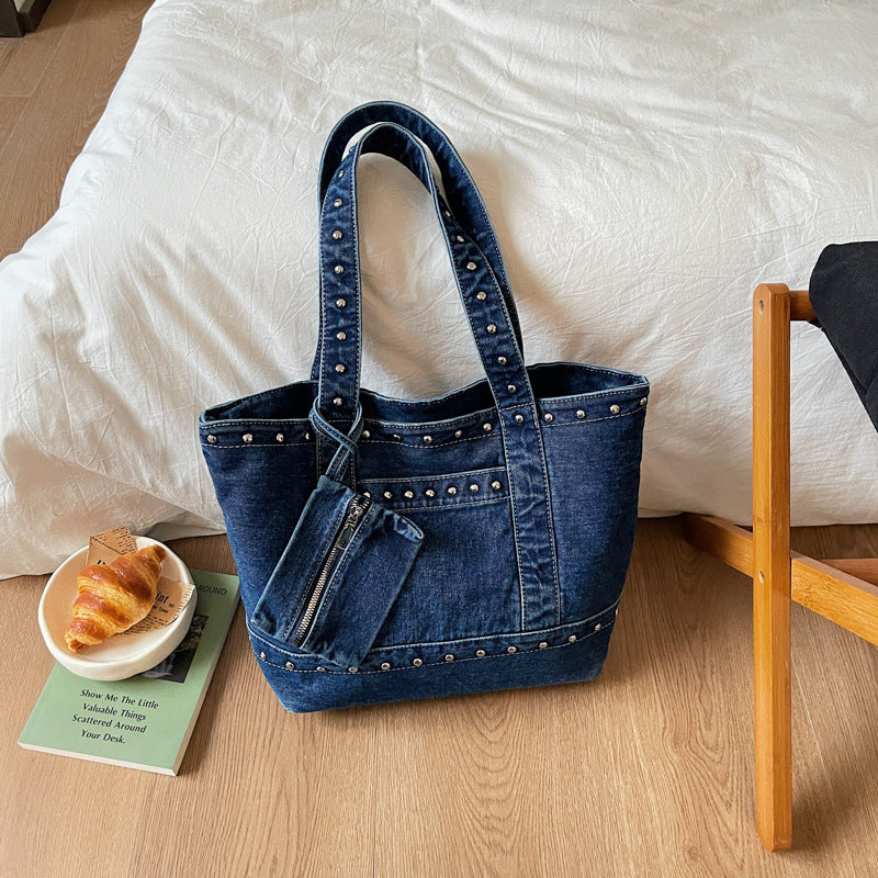Women's Denim Trendy Unique Studded Large Capacity Tote Bags