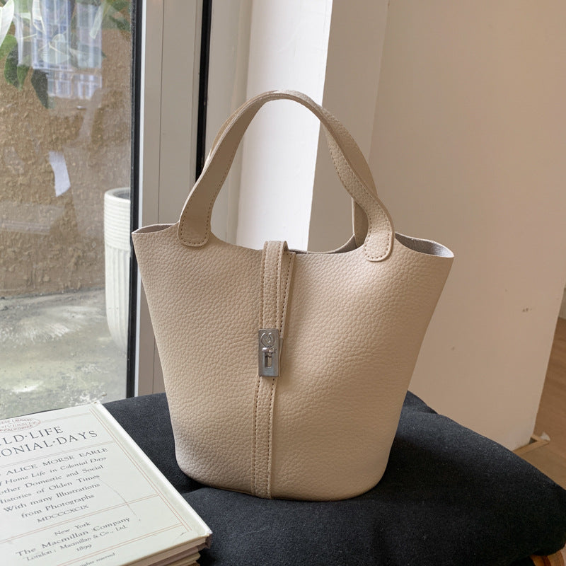 Women's Simple Lychee Pattern Design Korean Style Graceful Fashionable Bucket Bag