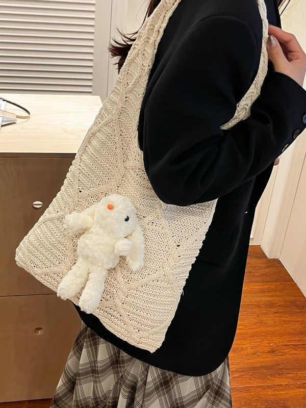Knitted Female Korean Rabbit Pendant Commute Women's Messenger Bag