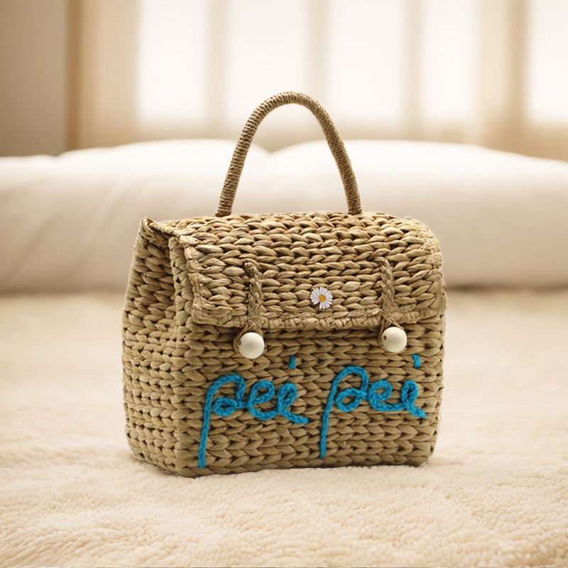 Women's With Cover Letters Straw Wooden Bead Bags
