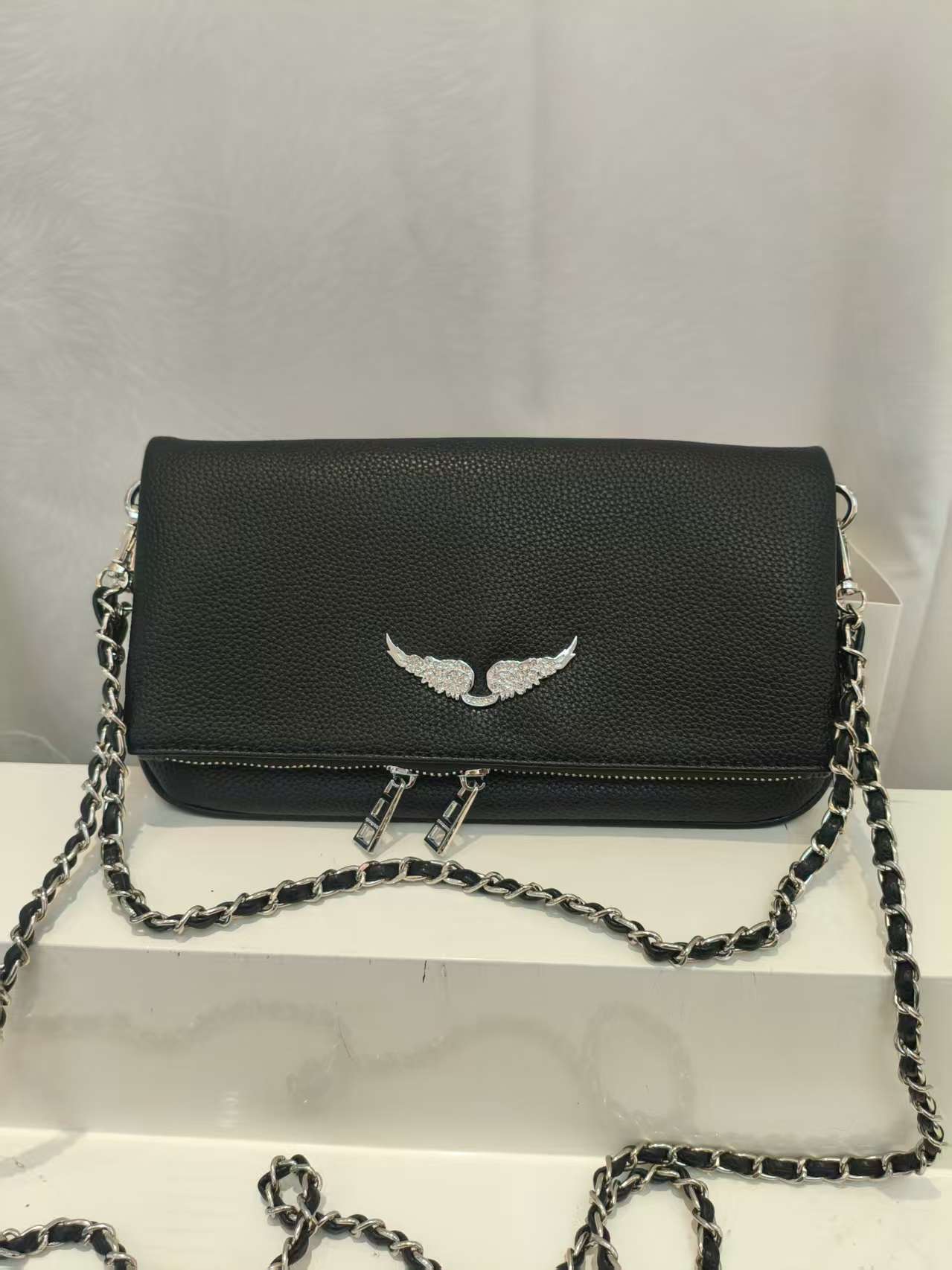 Women's Black Wings Rhinestone Metal Chain Women's Shoulder Bag