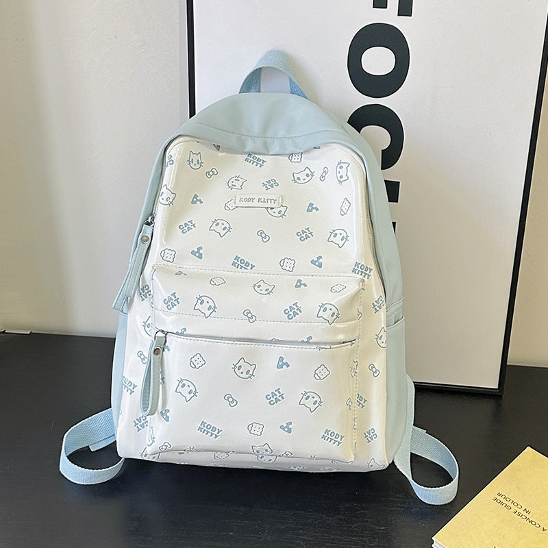 Women's Soft Leather Printed Cat Commute College Women's Backpack