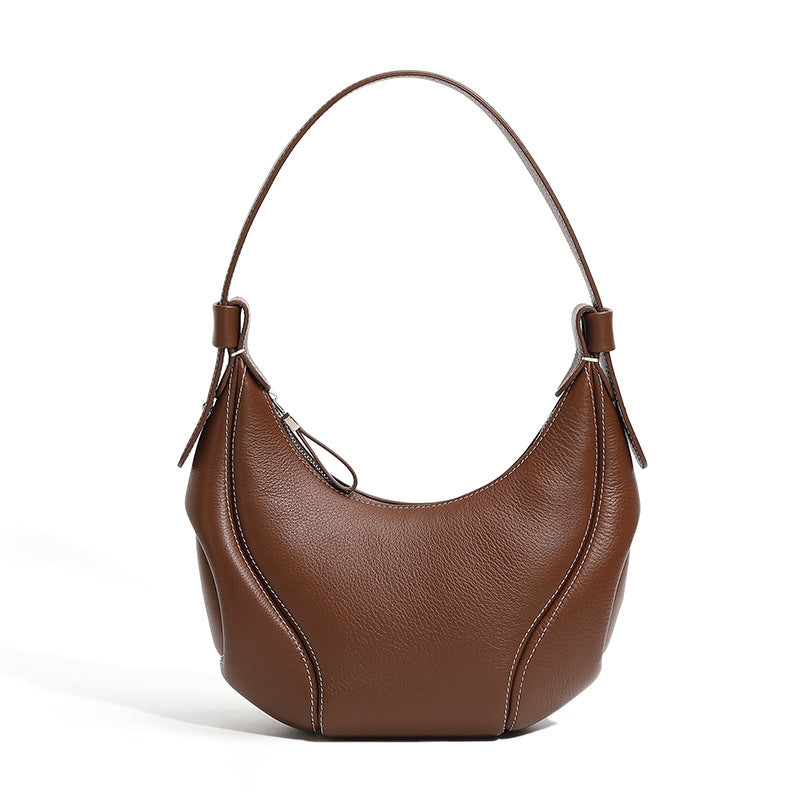 Women's Baseball Niche Retro Crescent Genuine Leather Underarm Bag