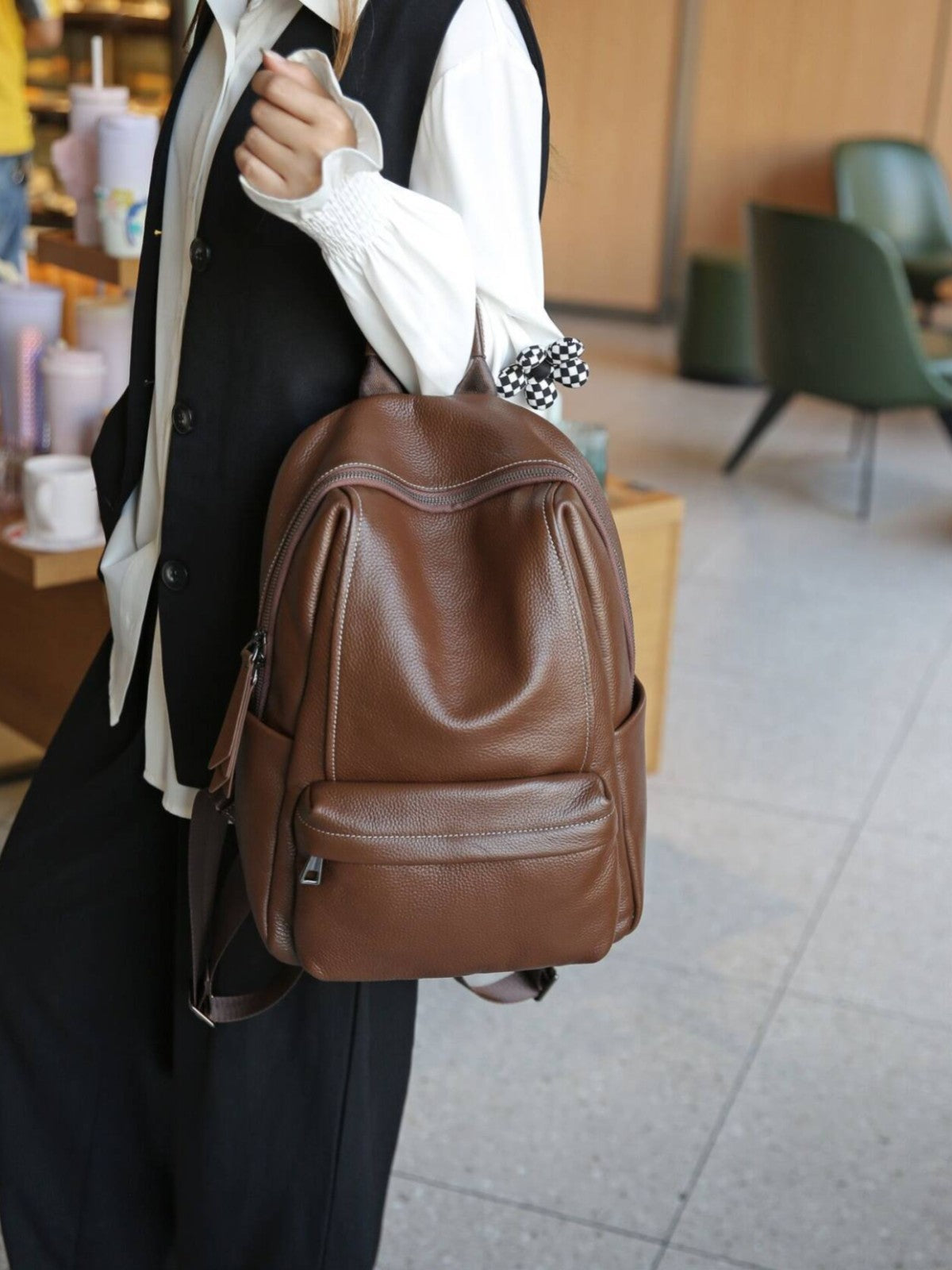 Women's Genuine Leather Lychee Pattern Korean Large Capacity Commuter Computer Women's Backpack