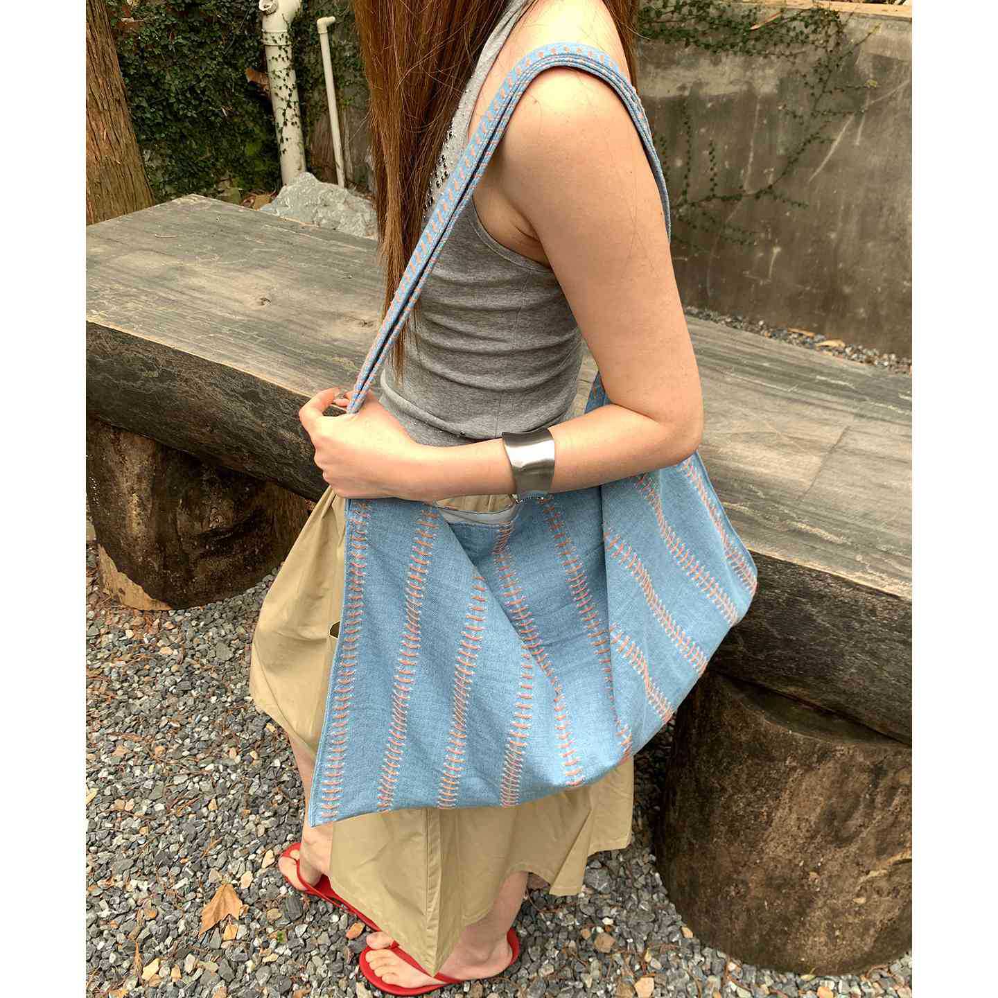 Women's Retro Lazy Style Large Capacity Denim Canvas Korean Striped Commute Shoulder Bags