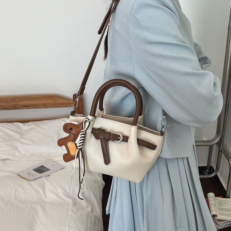 Women's Retro Contrast Color Hand Holding Workplace Style Bucket Bag