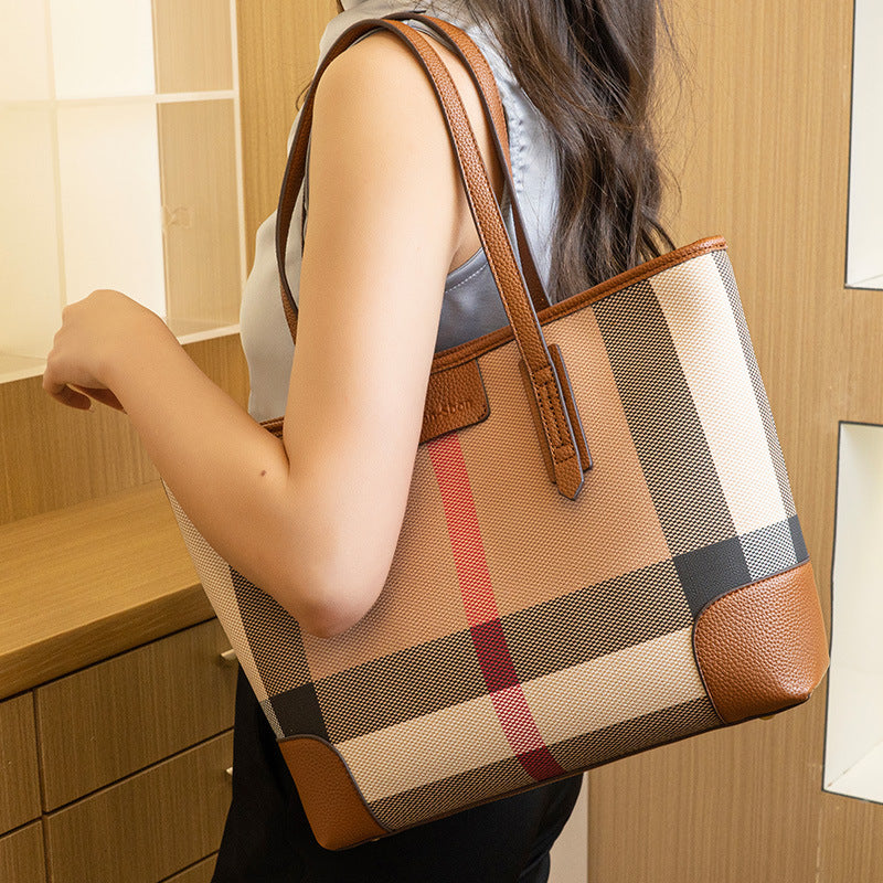 Women's Plaid Versatile High-grade Large Capacity Commuter Portable Tote Bag