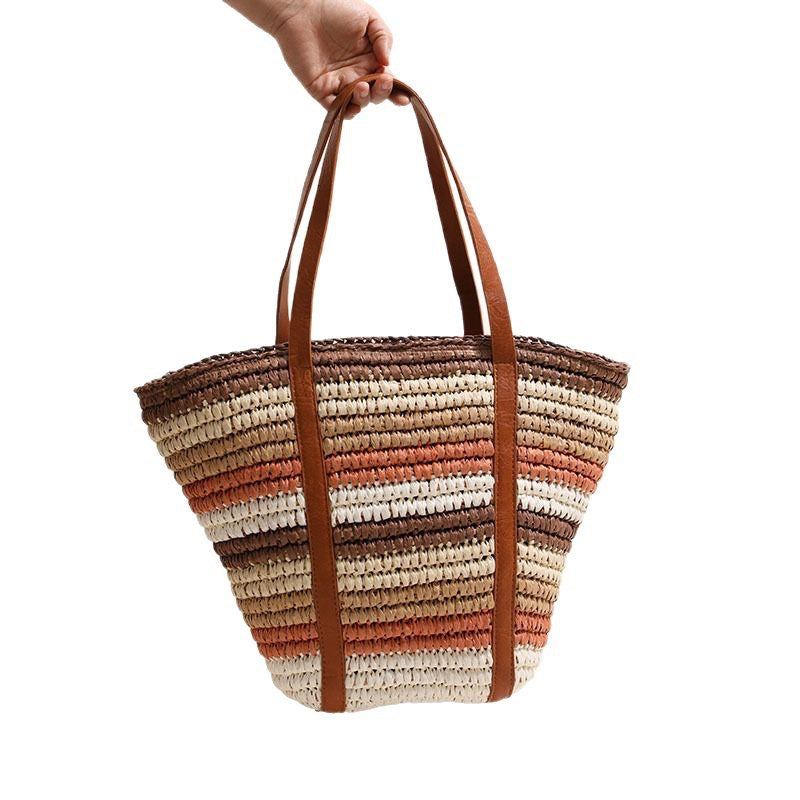 Fashion Colorful Striped Straw Versatile Large Capacity Woven Women's Shoulder Bag