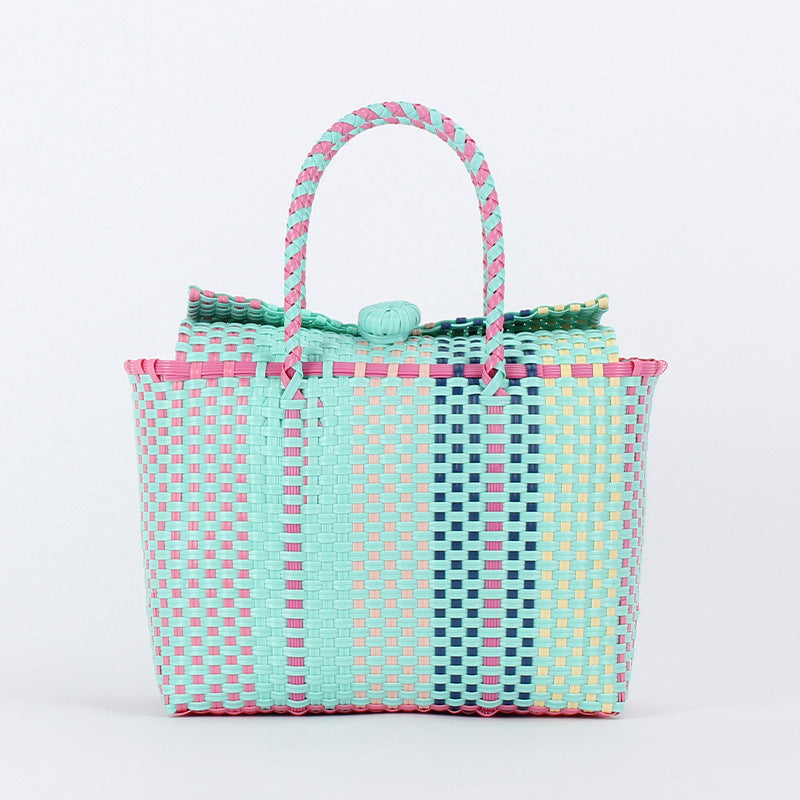Women's Fresh Contrast Color Hand-woven Plastic Basket Beach Vacation Picnic Hand Bags