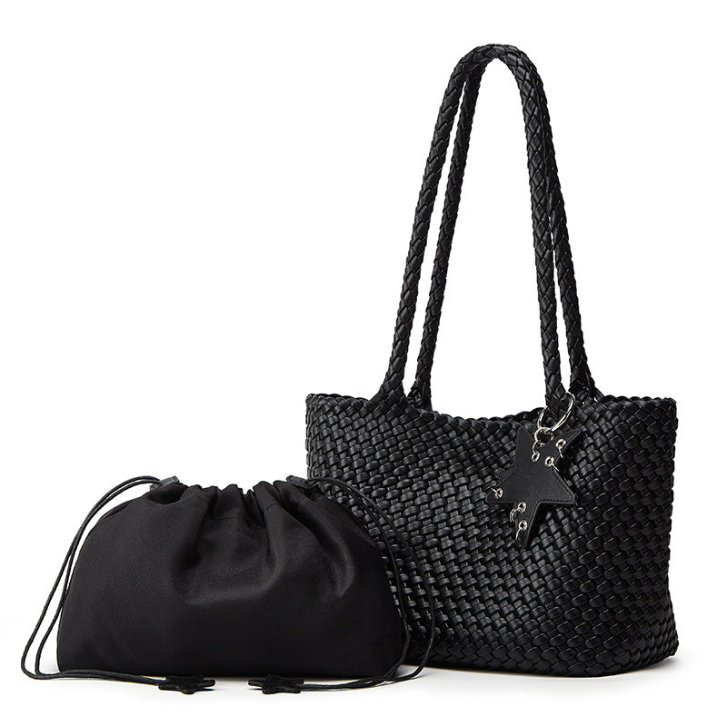 Hand-woven Medium Champagne Gold Soft Leather Idle Style Commuter Large Women's Shoulder Bag