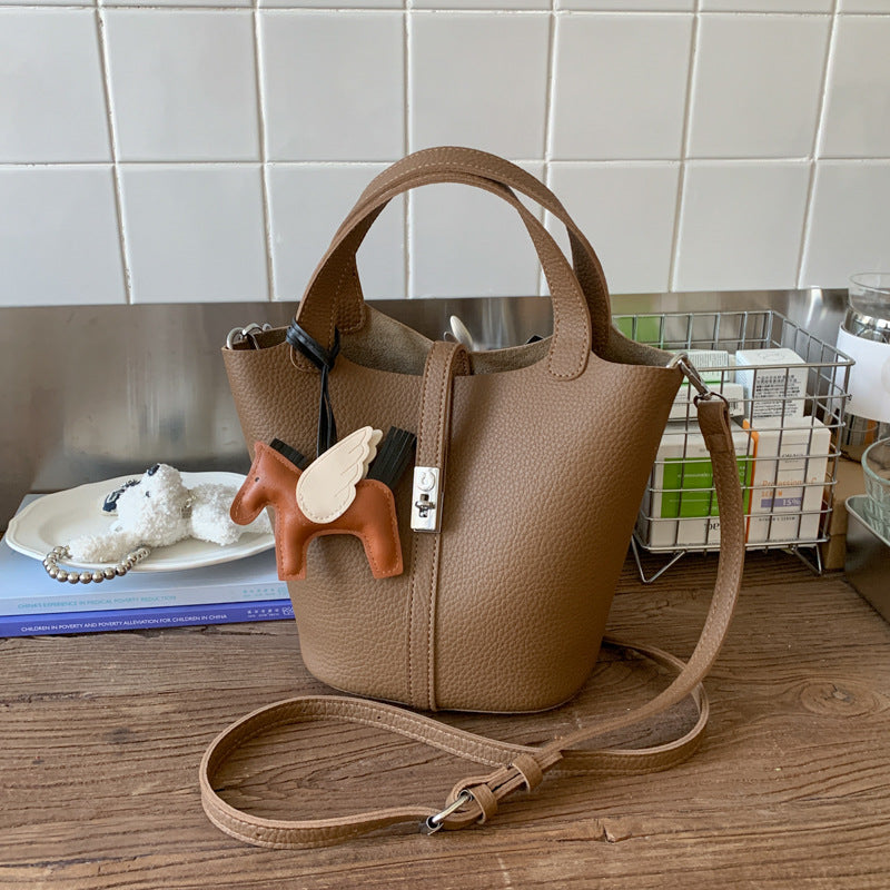 Women's Simple Lychee Pattern Design Korean Style Graceful Fashionable Bucket Bag