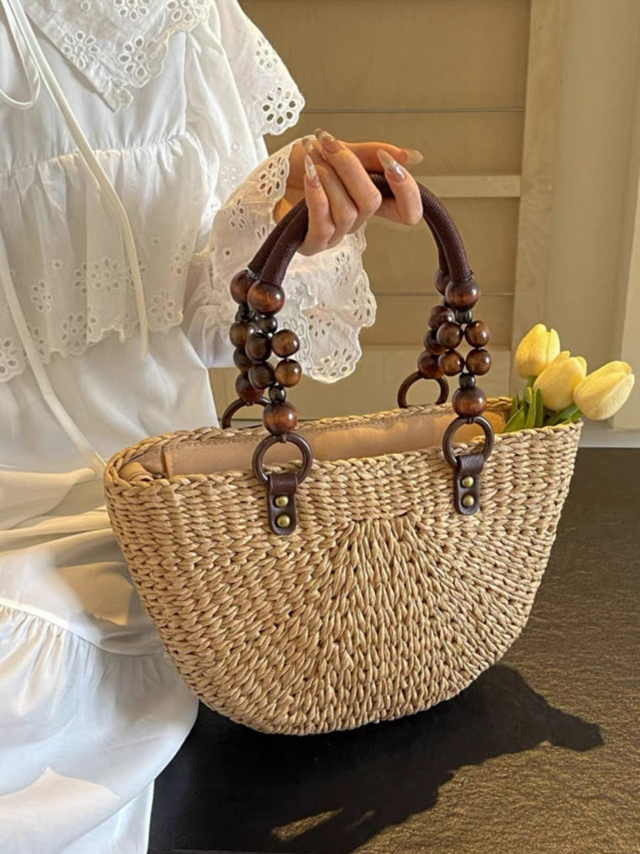 Women's Wooden Bead Portable Hand-woven Large Capacity Totes Vegetable Basket Tote Bag