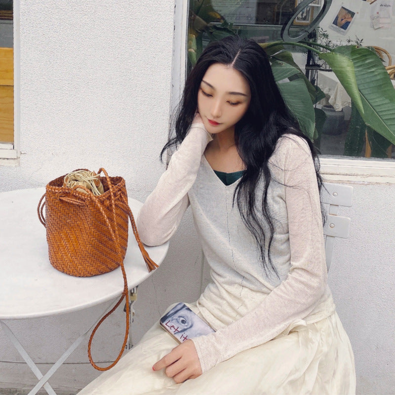 First Layer Cowhide Woven Genuine Leather Vegetable Basket Retro Bags